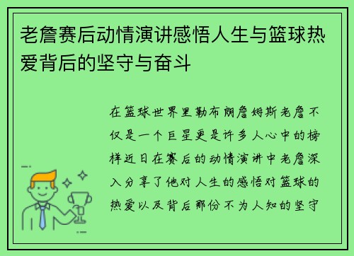 老詹赛后动情演讲感悟人生与篮球热爱背后的坚守与奋斗