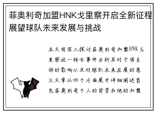 菲奥利奇加盟HNK戈里察开启全新征程展望球队未来发展与挑战
