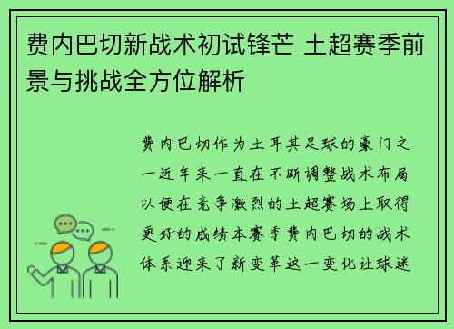 费内巴切新战术初试锋芒 土超赛季前景与挑战全方位解析 费内巴切新战术初试锋芒 土超赛季前景与挑战全方位解析