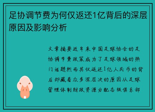足协调节费为何仅返还1亿背后的深层原因及影响分析 足协调节费为何仅返还1亿背后的深层原因及影响分析